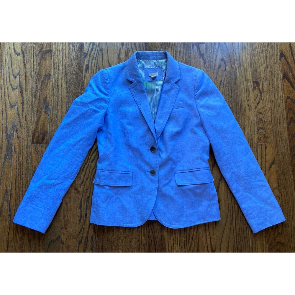 J Crew Blazer Womens Size 2 Blue Linen Cotton Jacket Schoolboy Office Career
